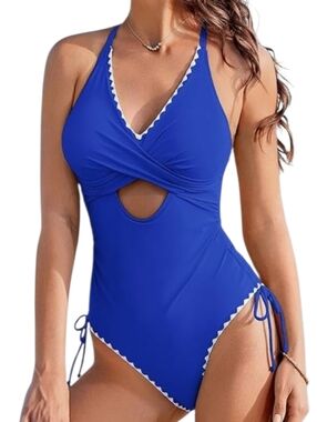 Blue One-Piece Cutout Swimwear Size L Twist Front Tummy Control - Pool and Beach